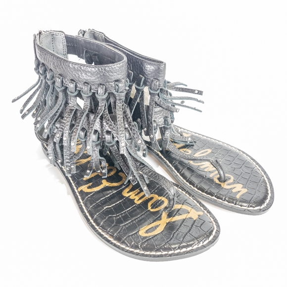 Sam Edelman Leather Fringe Sandals Black -7 - Picture 2 of 4